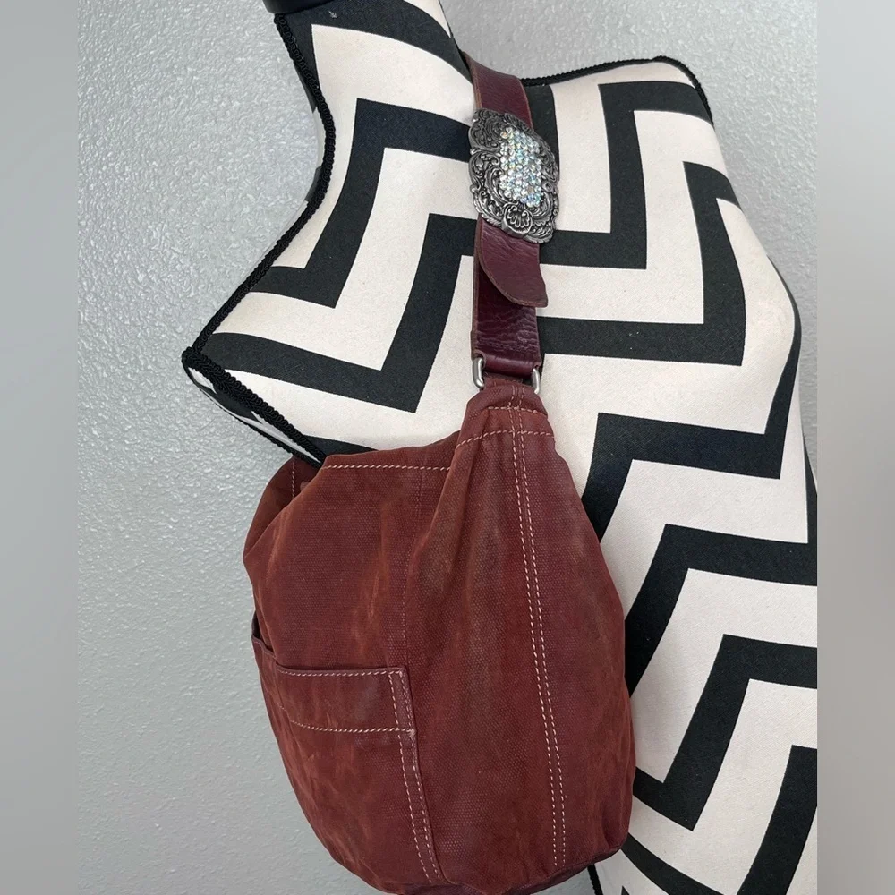 Fossil Boho Rhinestone Buckle Leather Strap Canvas Slouchy Hobo Bag